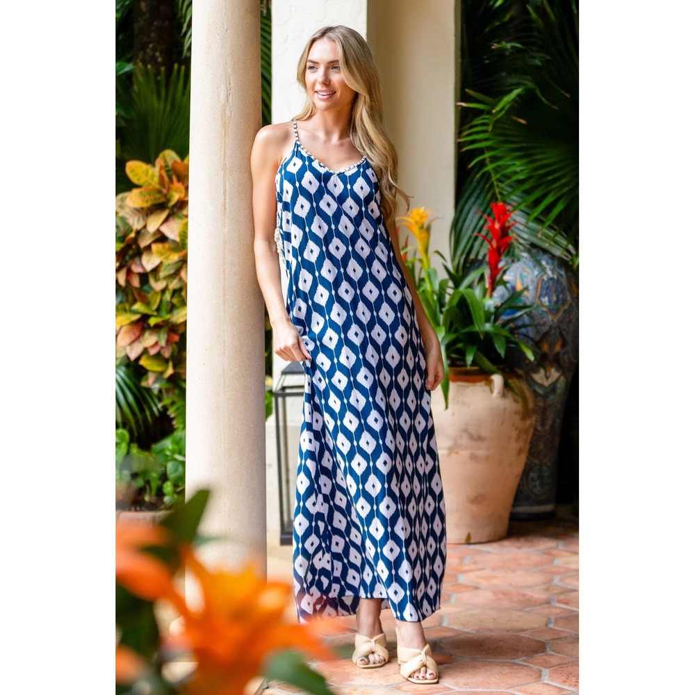 Walker & Wade Mozambique Maxi Dress Navy Ikat Cowrie Shell Backless Large $298